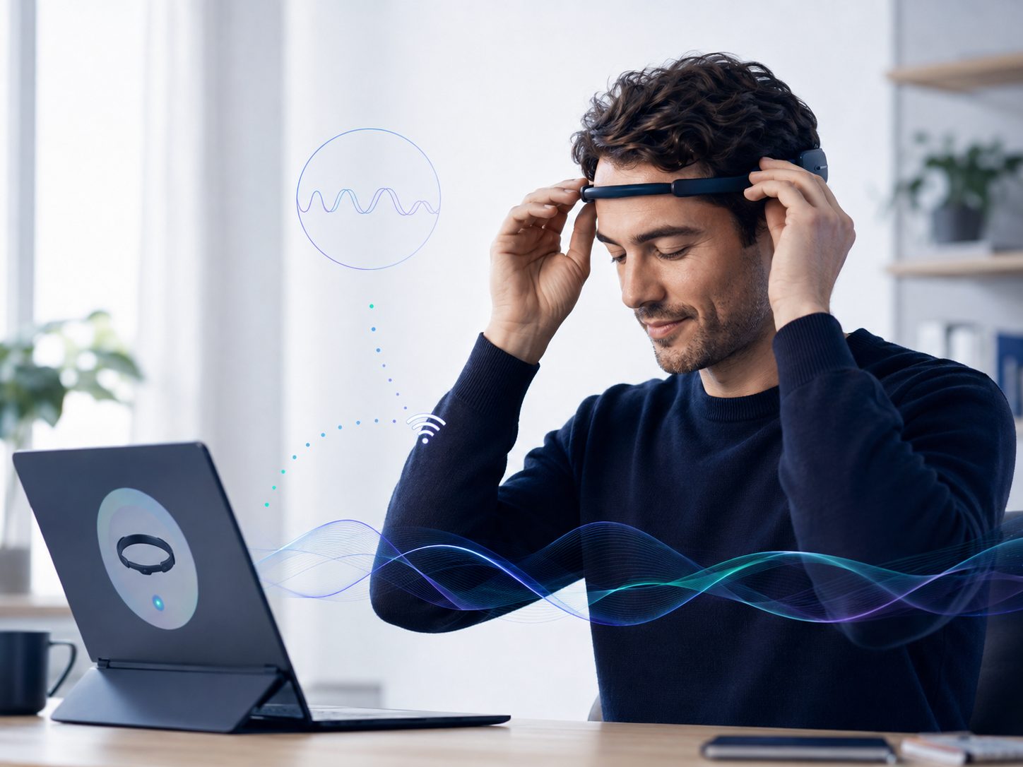 A man puts on an EEG headband while the laptop screen shows the device pairing.