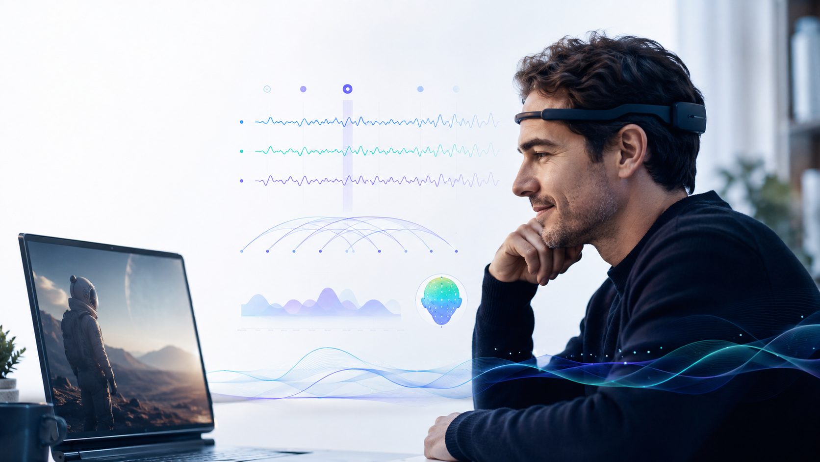 A man wearing an EEG headband watches a film on a laptop; beside him run the signal traces from four EEG channels.