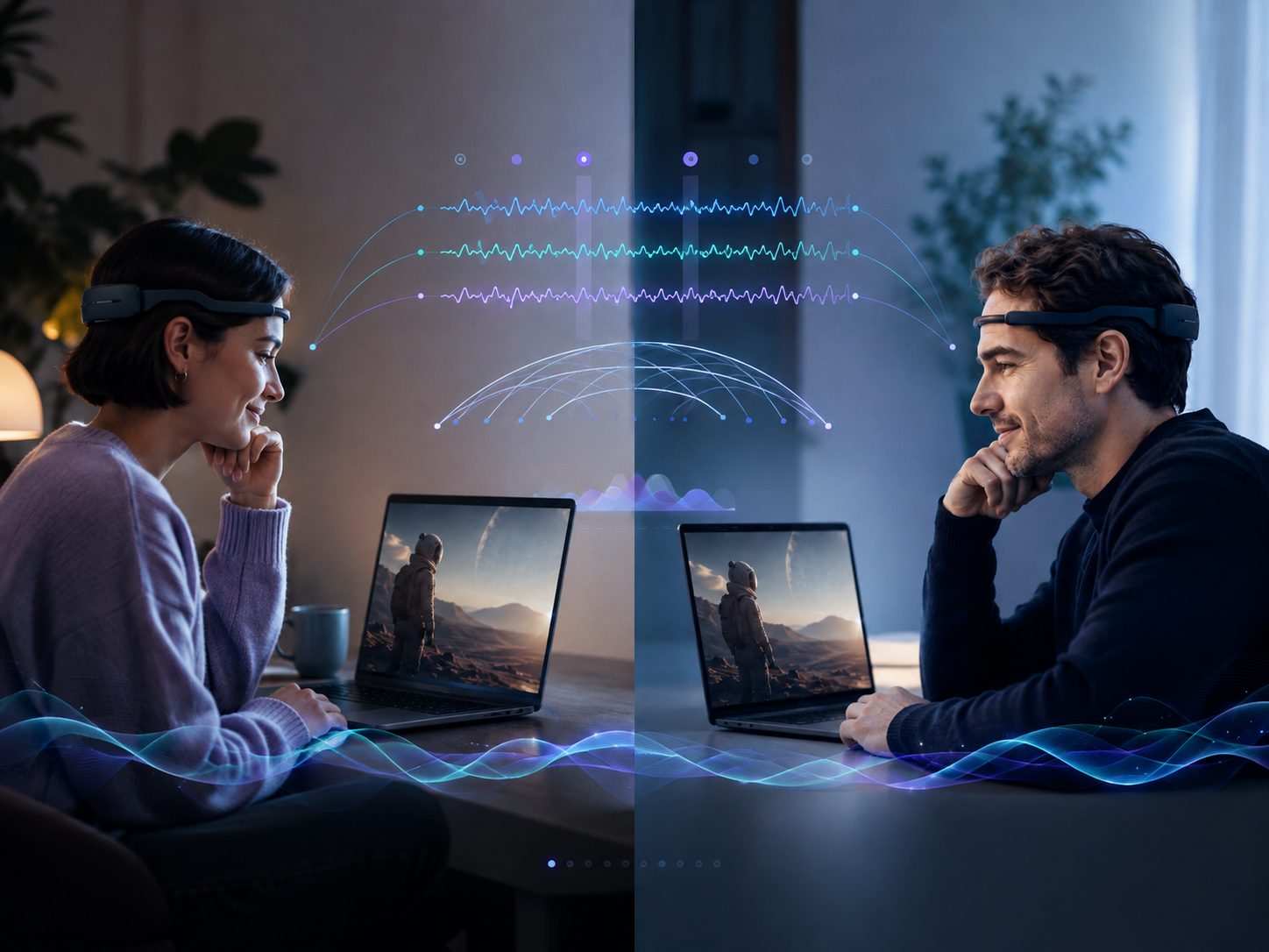 Two people in different locations watch the same film in EEG headbands; a chart shows the similarity between their EEG responses.